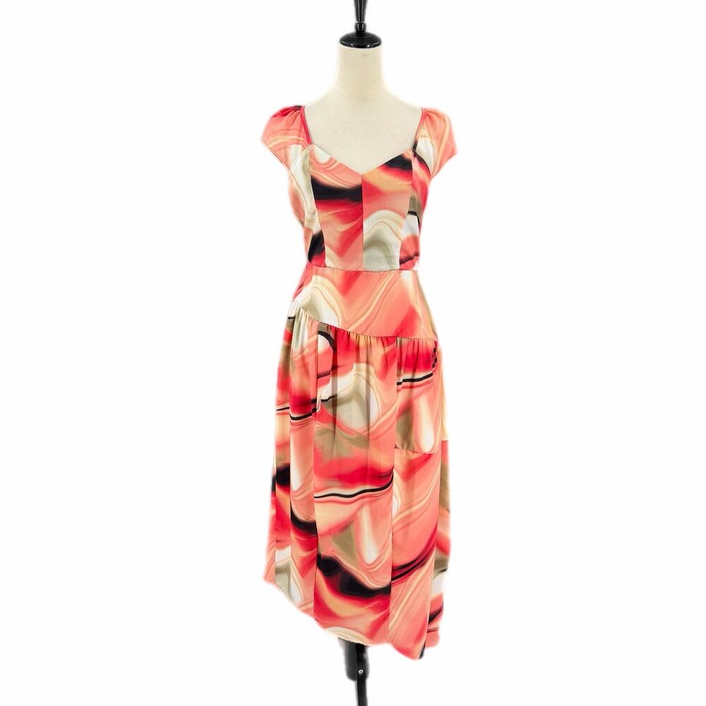 DKNY NEW Coral Black Brushed Marble Print Asymmetrical Midi Cocktail Chic Dress